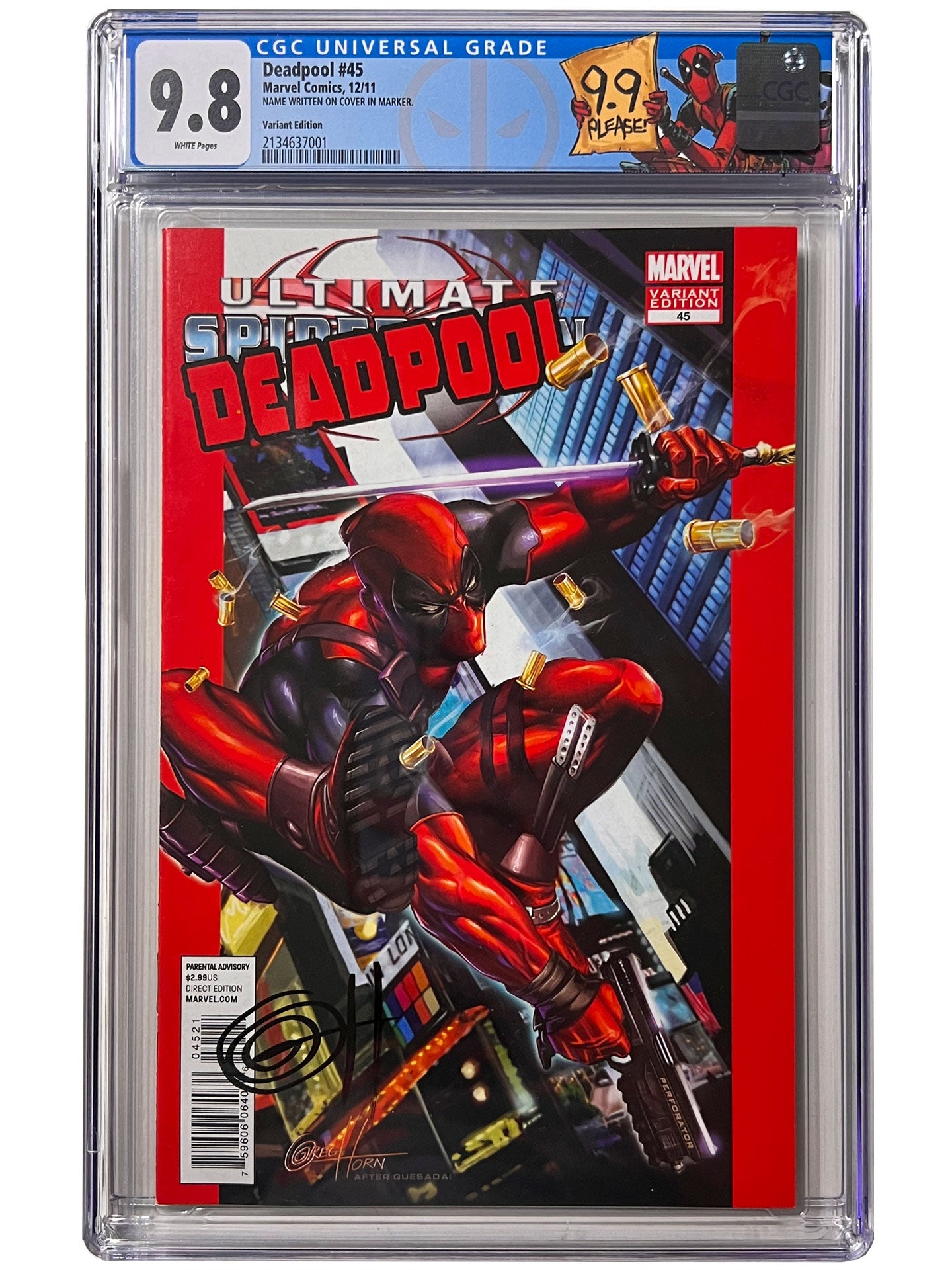 Deadpool #45 CGC 9.8 1:50 Greg Horn Variant SIGNED 1st Evil Deadpool 2011 ASM 300 Homage